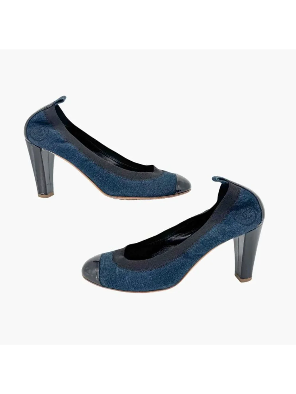Chanel Elastic CC Logo Blue Denim Pumps High Heels Size 39 US 8-8.5 Women
